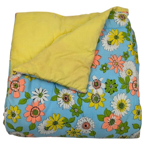 Vintage 60s 70s Sleeping Bag Flower Power Hippie Daisy Groovy Floral Reversible - Picture 1 of 7